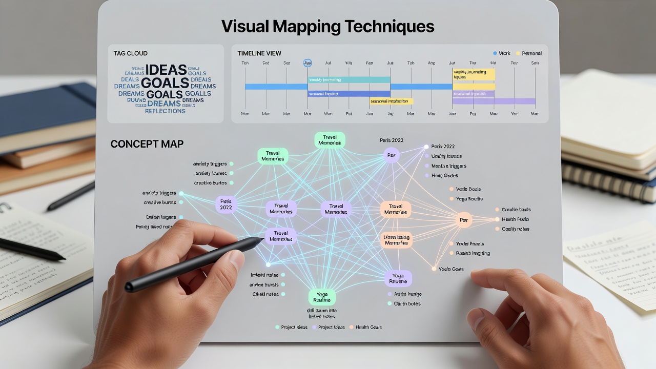 Timeline visualization displaying patterns across months of personal notes entries